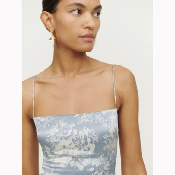 NWOT Reformation Frankie Silk Dress in Porcelain Blue White Floral Print - Picture 4 of 11